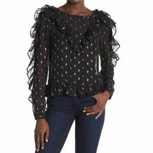 NWT FREE Generation Sheer Ruffle Blouse Women’s Medium Black Gold Foil